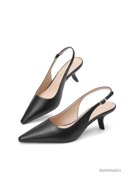 Shoes - Slingback Kitten Heels Pointed Toe Faux Leather Pumps